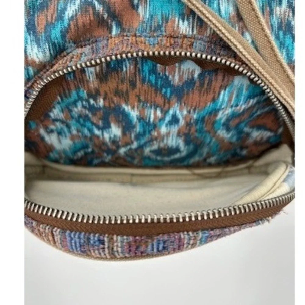 TOMS Ikat Southwestern Canvas Drawstring Backpack Teal Brown Boho Festival Bag